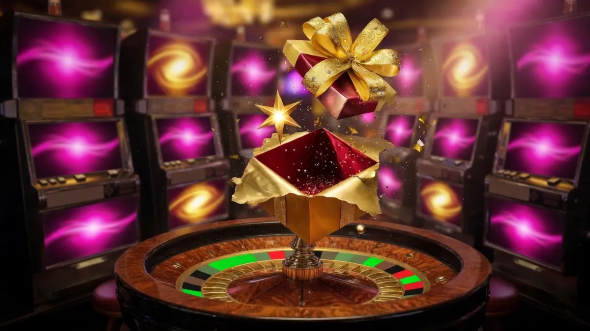 Arany díszek és ajándék a kaszinó játékasztalán, neonfényekkel a háttérben